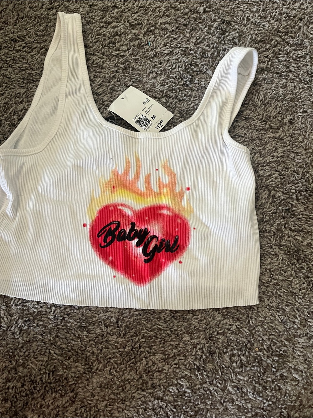 Forever 21 White Ribbed Crop Tank with Red Heart & Yellow Flames